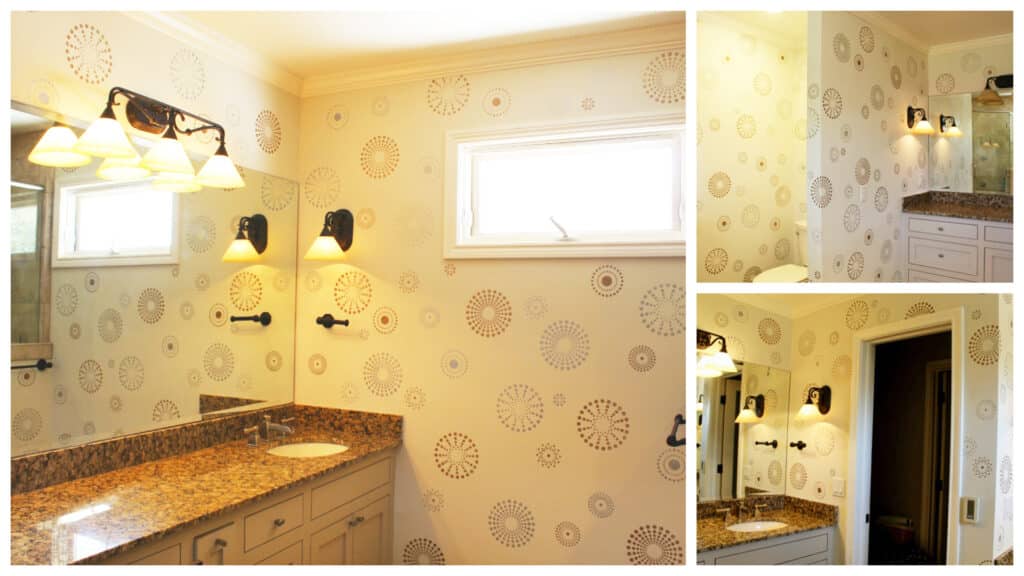 Collage of the finished bathroom stencil project