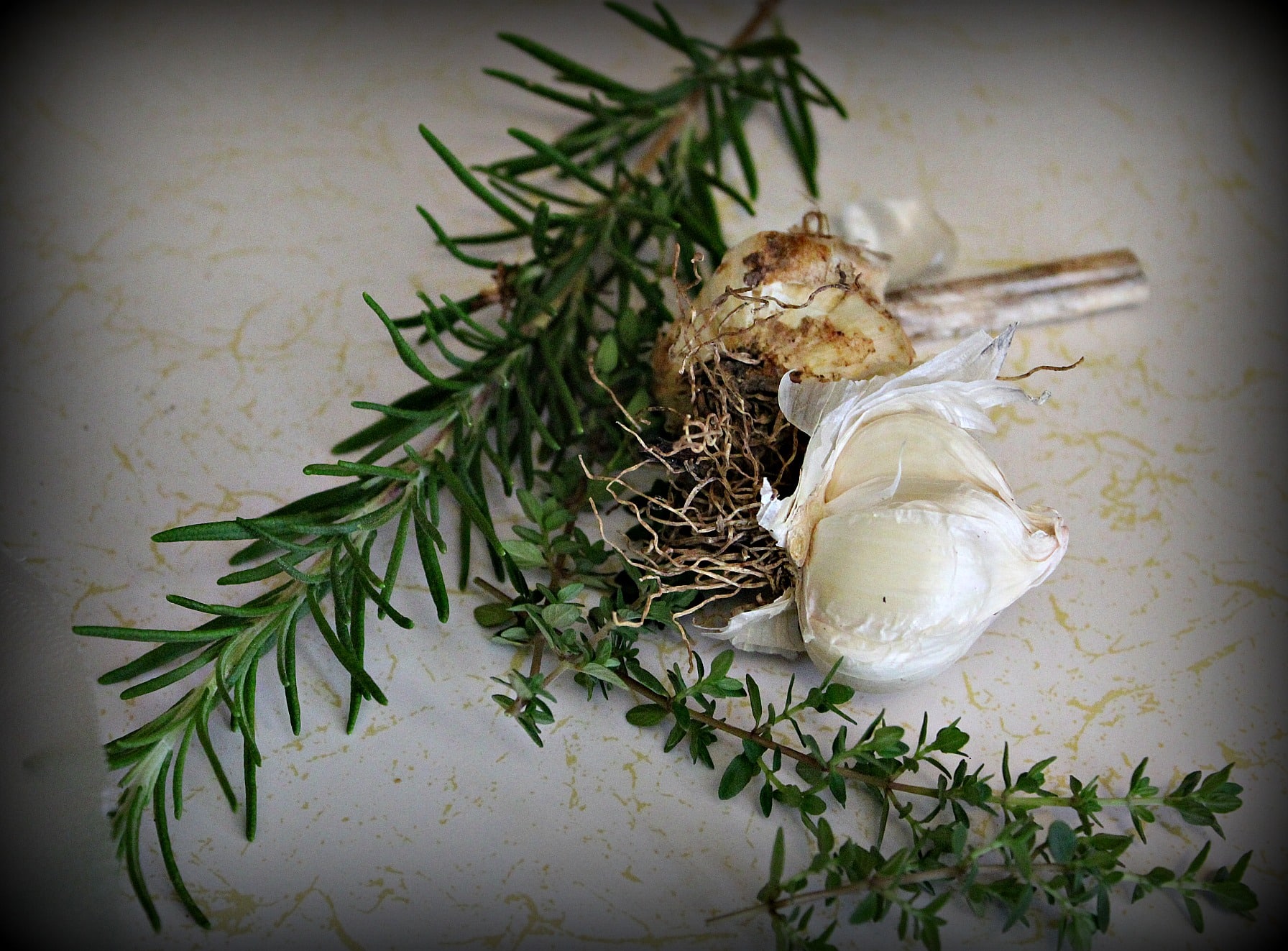 Rosemary, thyme and garlic from garden