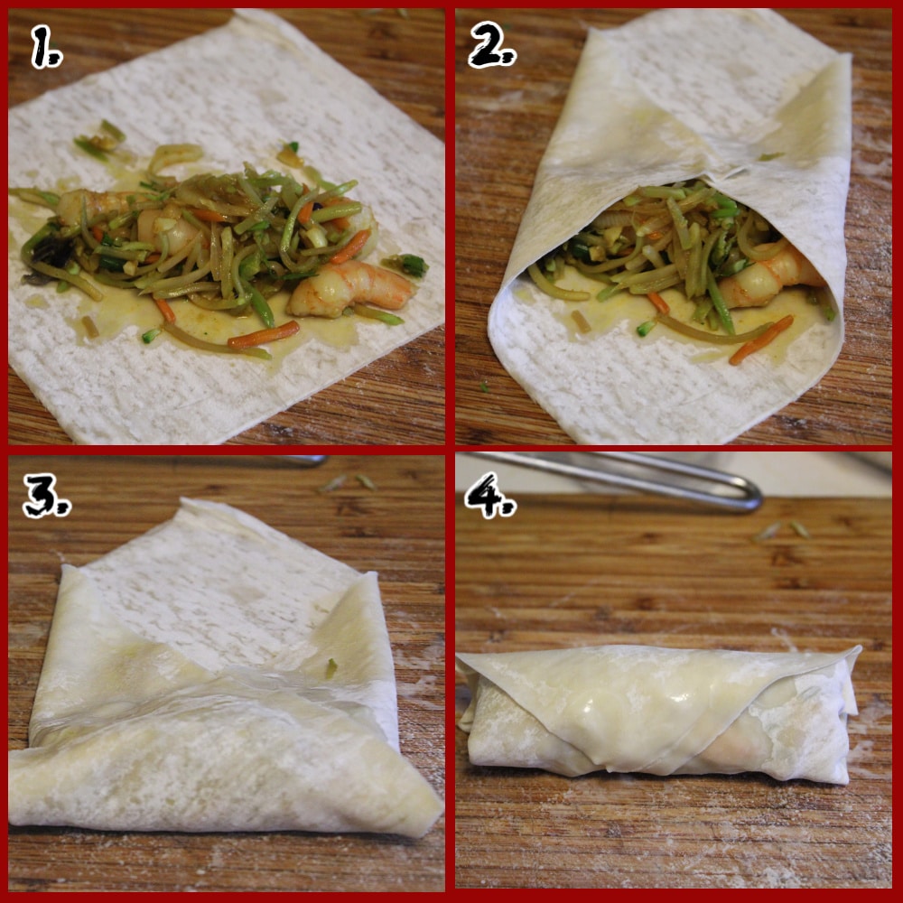 1-4 steps on how to roll an egg roll on a bamboo cutting board