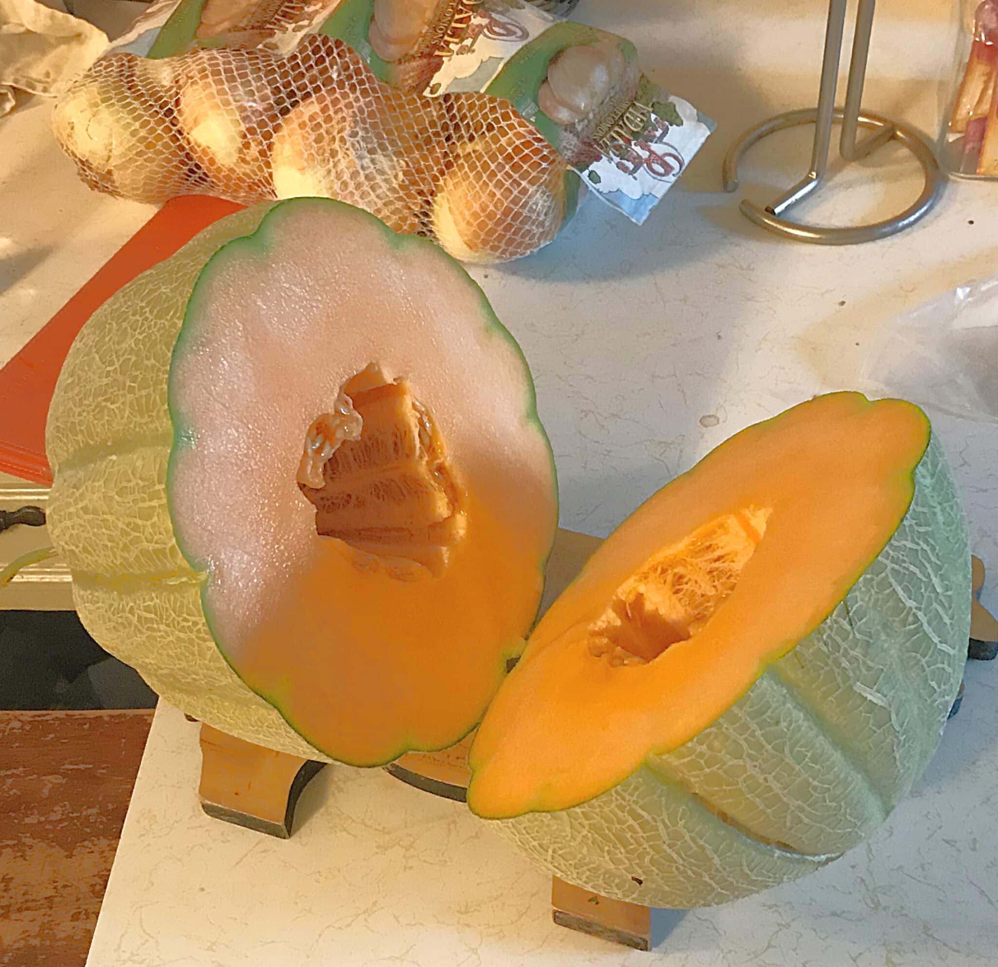 Vertical trellis home grown ripe Cantaloupe cut in half showing how ripe it is.