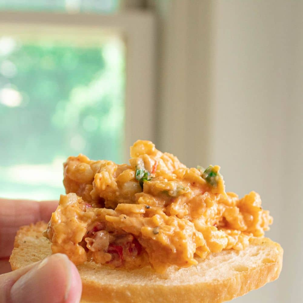 homemade jalapeno pimento cheese on a cracker