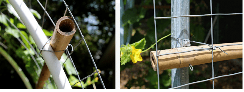 collage of close up of the welded wire being attached trellis frame.