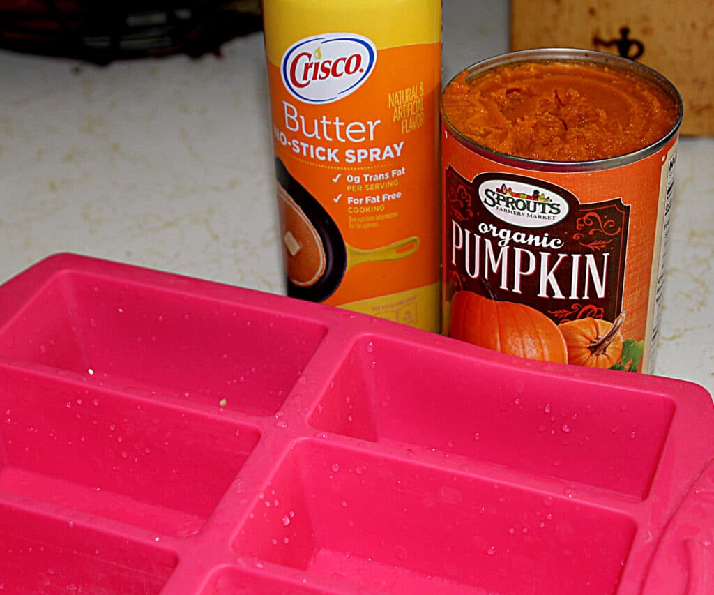 butter spray oil, canned organic pumpkin, silicone mini muffin pan