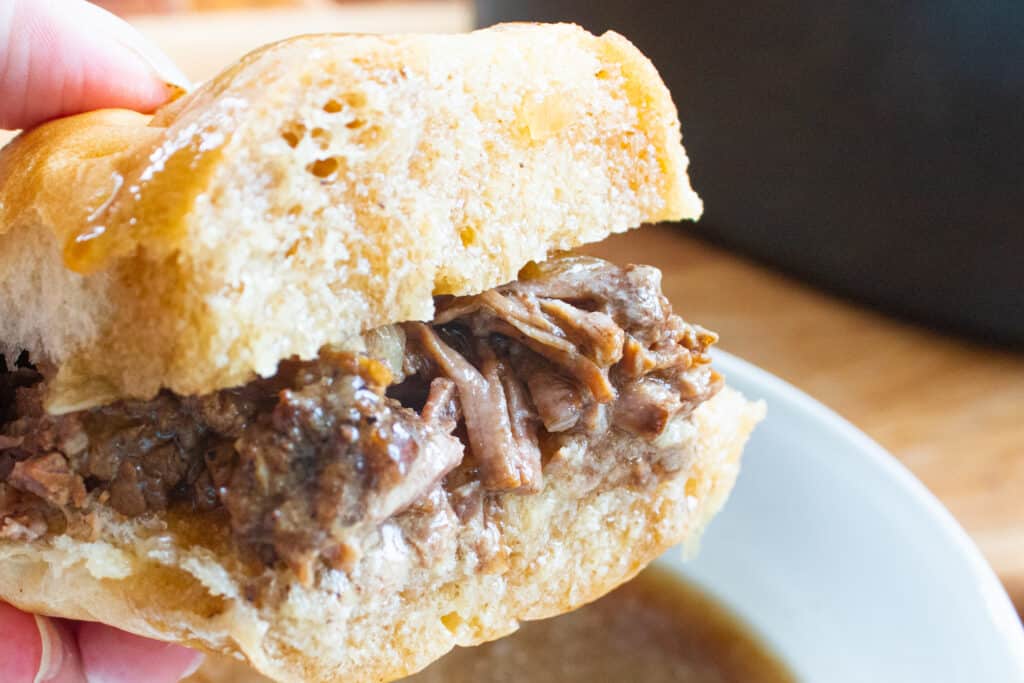 closeup of drip beef sandwich