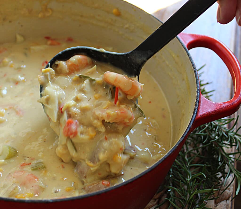 best seafood chowder in a red dutch oven