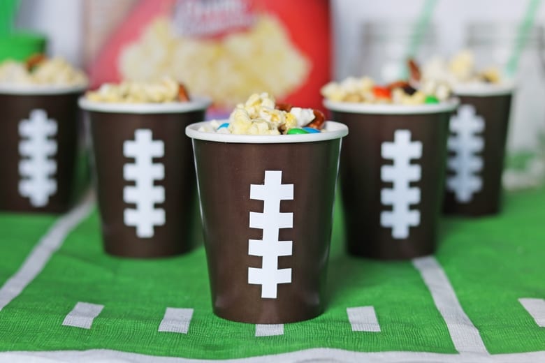 2 minute sweet and salty snack mix in diy football cups