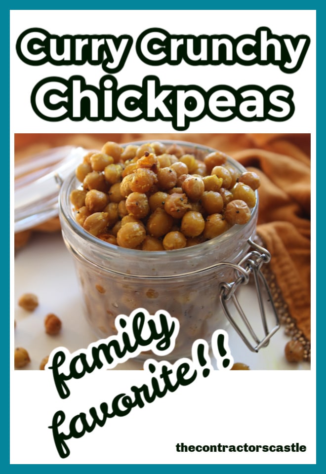 pinterest pin of curry crunchy chickpeas in a glass jar