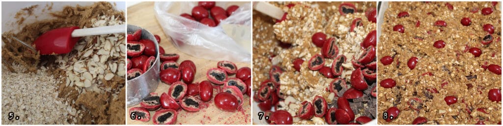 step by step numbers 5-8 collage of mixing and adding the cherries, oatmeal and almonds in class pan before bake