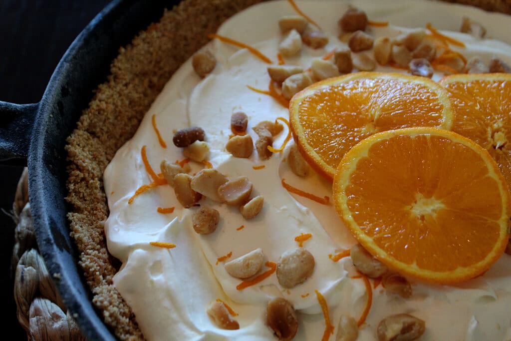 orange dream cast iron icebox pie in a cast iron skillet