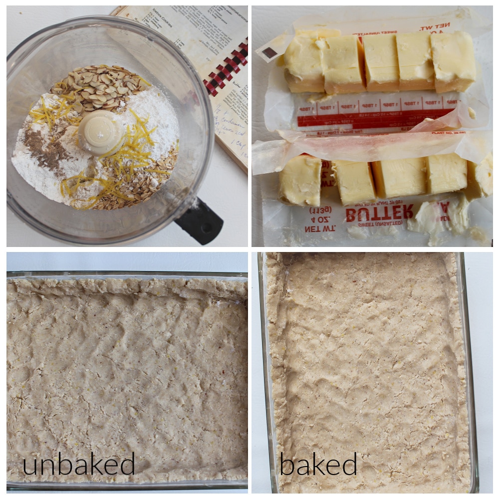 4 picture collage on making the shortbread crust for the lemon bars.