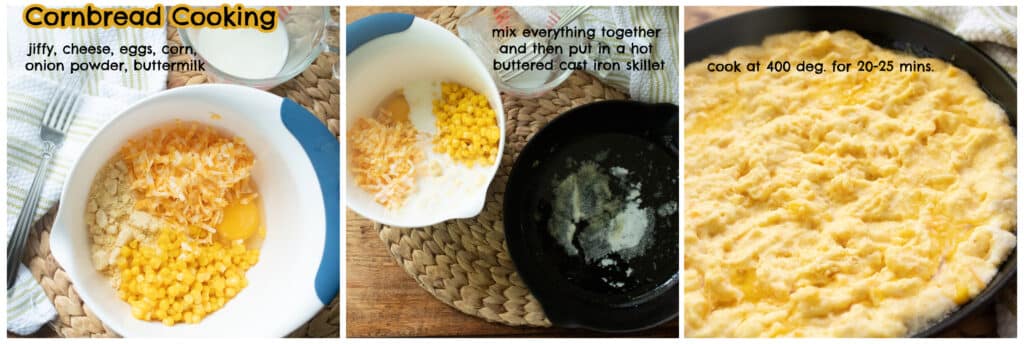 instructions how to make cast iron skillet cornbread collage with brief instructions