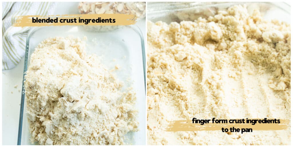 2 pic collage of almond shortbread crust mixture.