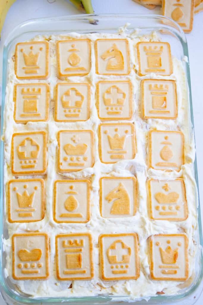 Finished Banana Pudding with Chessman Cookies on top.