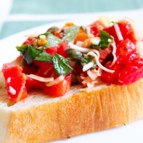 side view of fresh tomato bruschetta