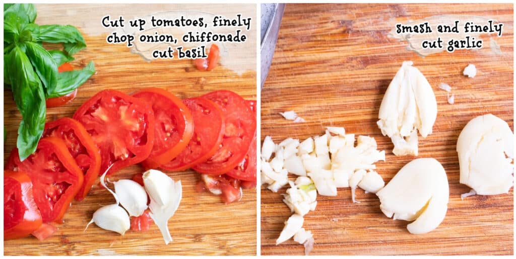 step one and two of making garden fresh tomato basil bruschetta