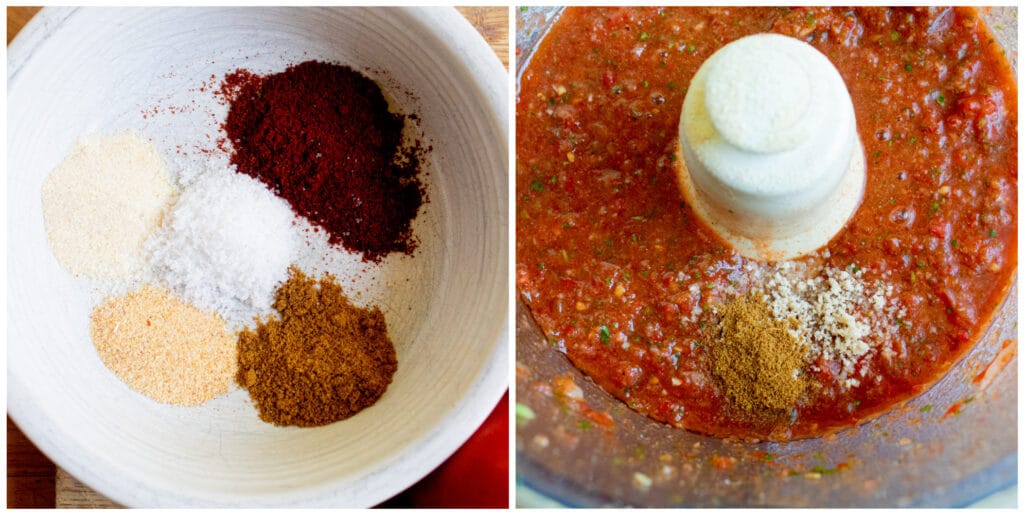 2 collage picture of spices in a white bowl and blended up salsa in a food processor with spices.