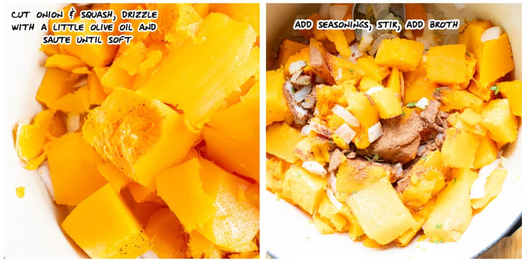 two step collage with cut up roasted butternut squash and cut up butternut squash, onion and seasoning being sauteed