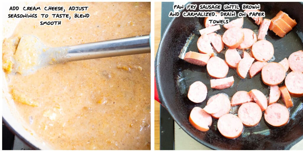 2 step collage of immersion blender in the soup and fried sausage in a skillet