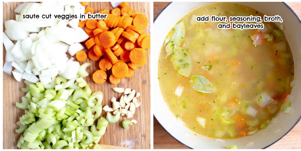 collage of cut up vegetables and broth