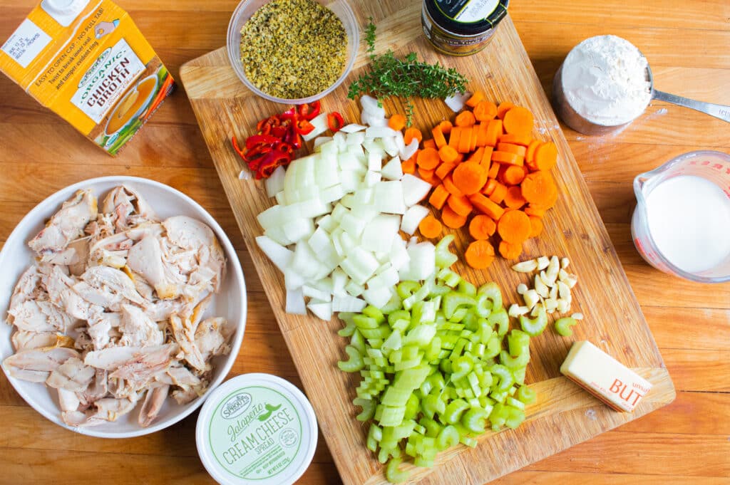 overhead picture of chicken and dumpling ingredients