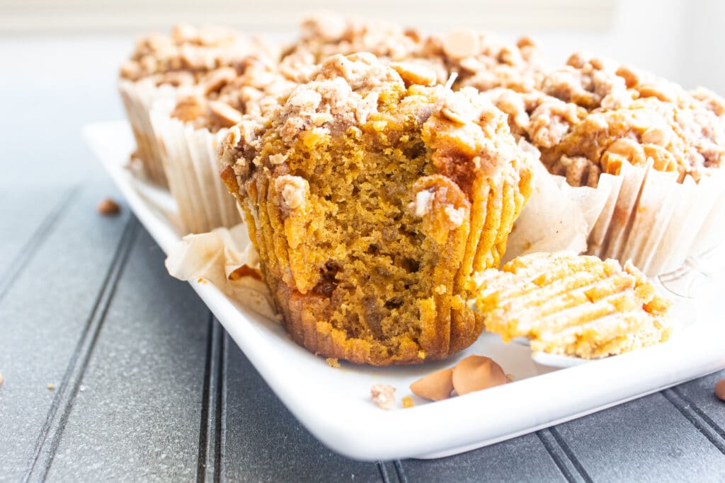 close up side view of a muffin with a big bite out of it on a white platter on a silver table top