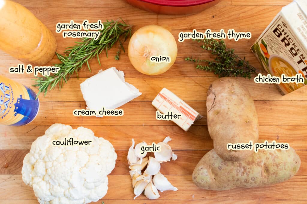 ingredients with labels for mashed potato cauliflower casserole bake