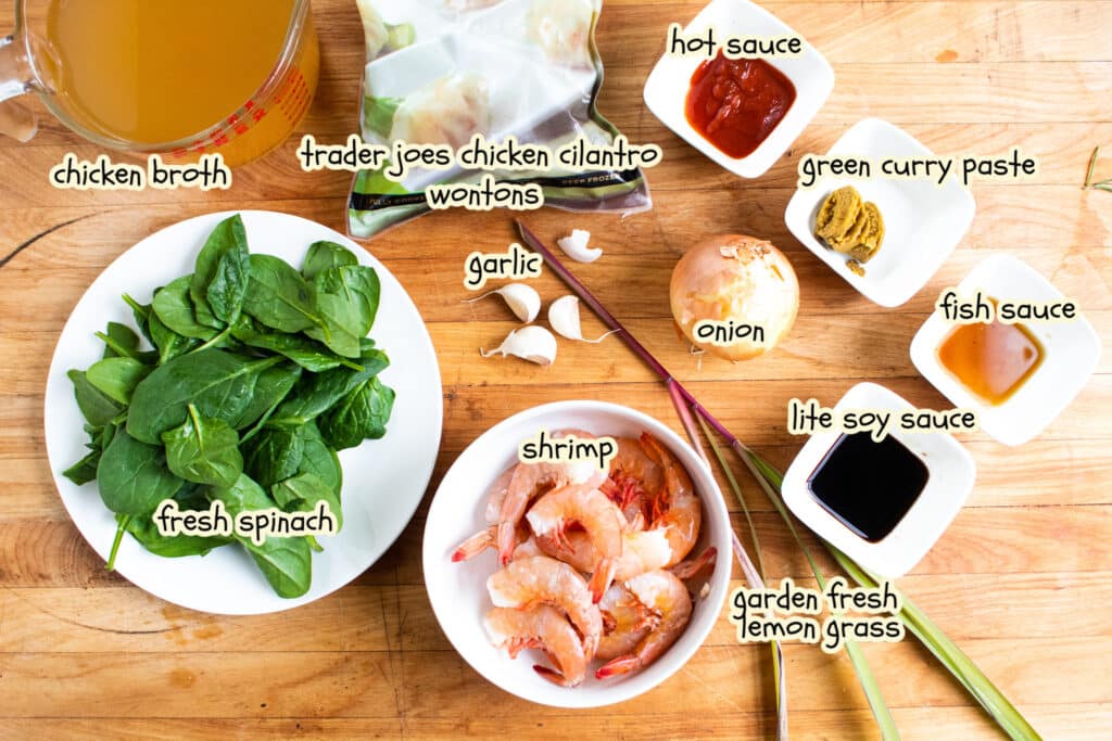 Easy wonton soup ingredients on a butcher block with labels.