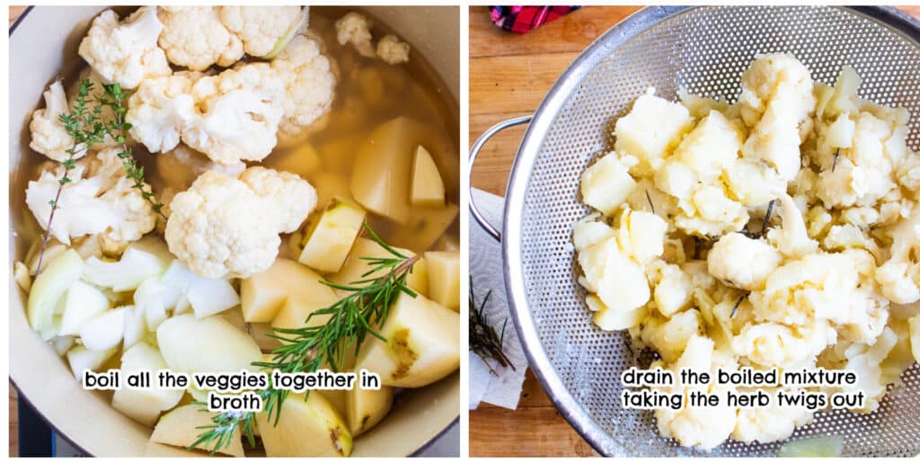 Step one and two of cooking mashed potato cauliflower casserole