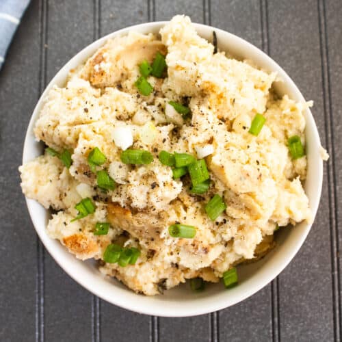 overhead picture of mashed potato cauliflower casserole