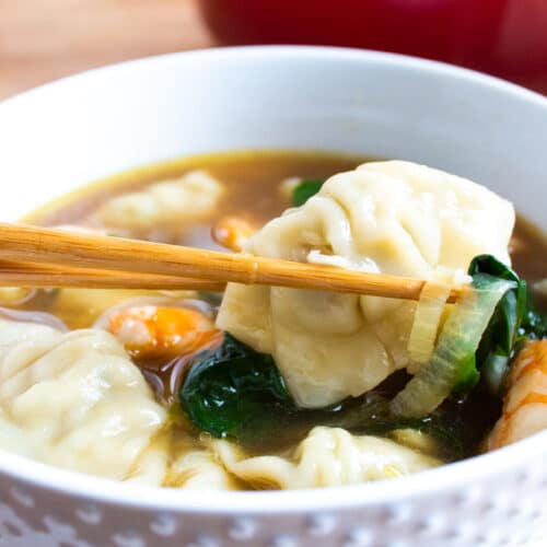 close up of wonton soup