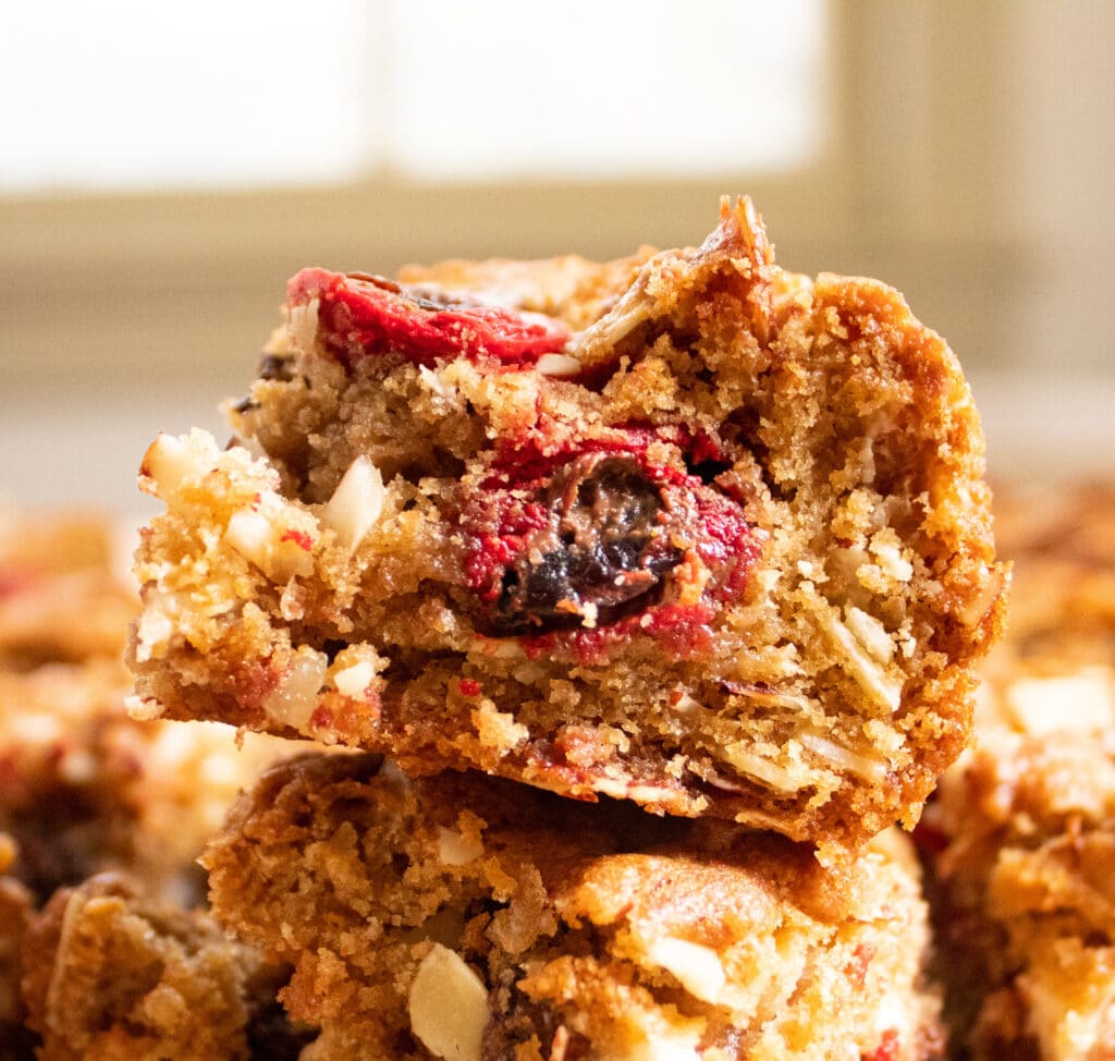 close cookies bar with a chocolate covered cherrie in the middle