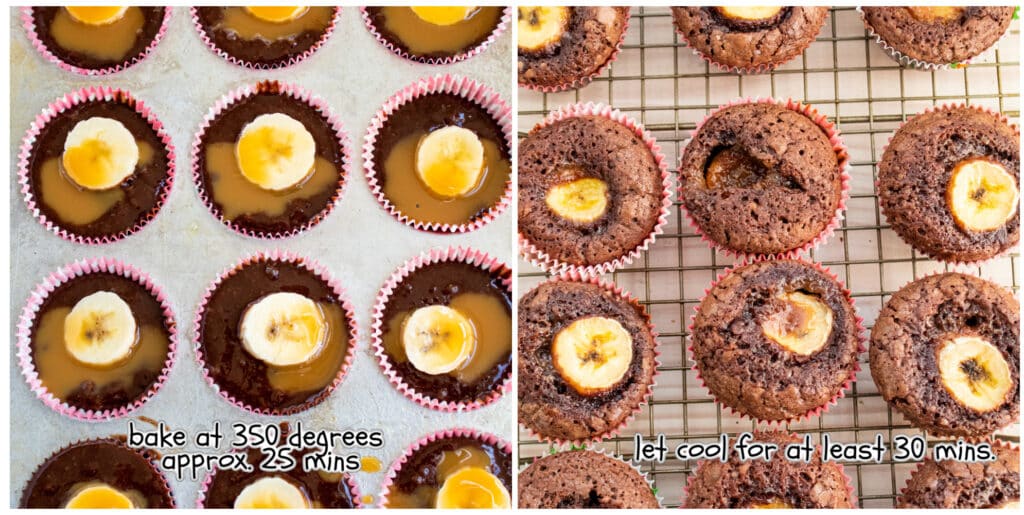 Step 3 cupcake tin full of unbaked banana brownies and step 4 is baked banana brownie cupcakes on a wire cooling rack.