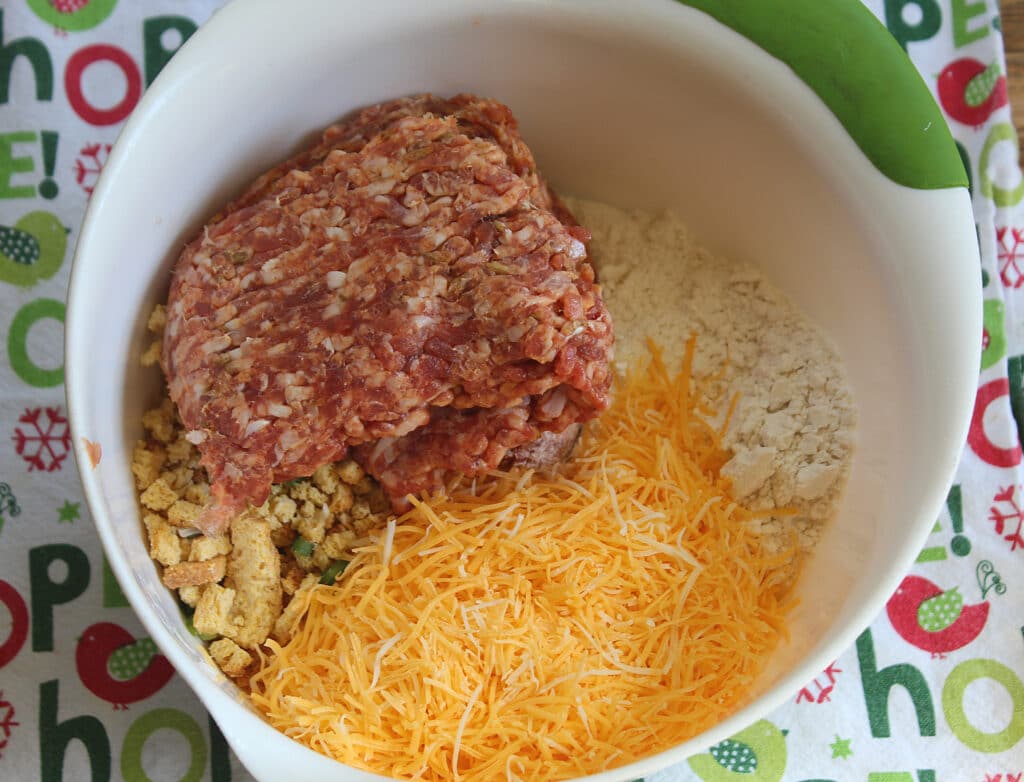 sausage ball ingredients in a white bowl