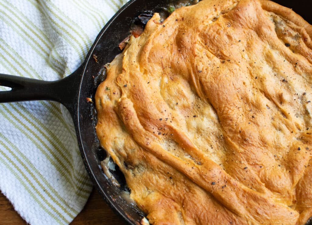 lower carb chicken pot pie in a cast iron pan