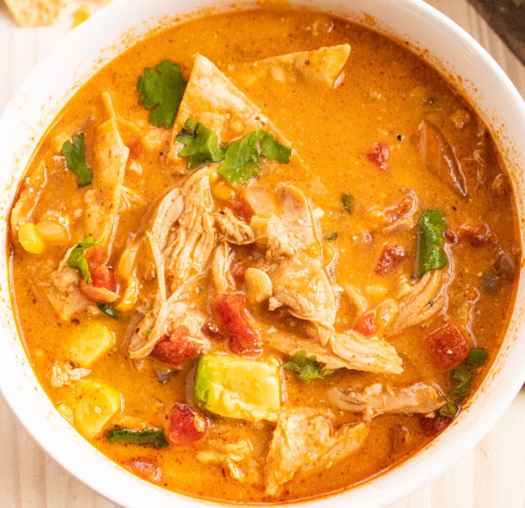 over head close up of served chicken tortilla soup in a white bowl