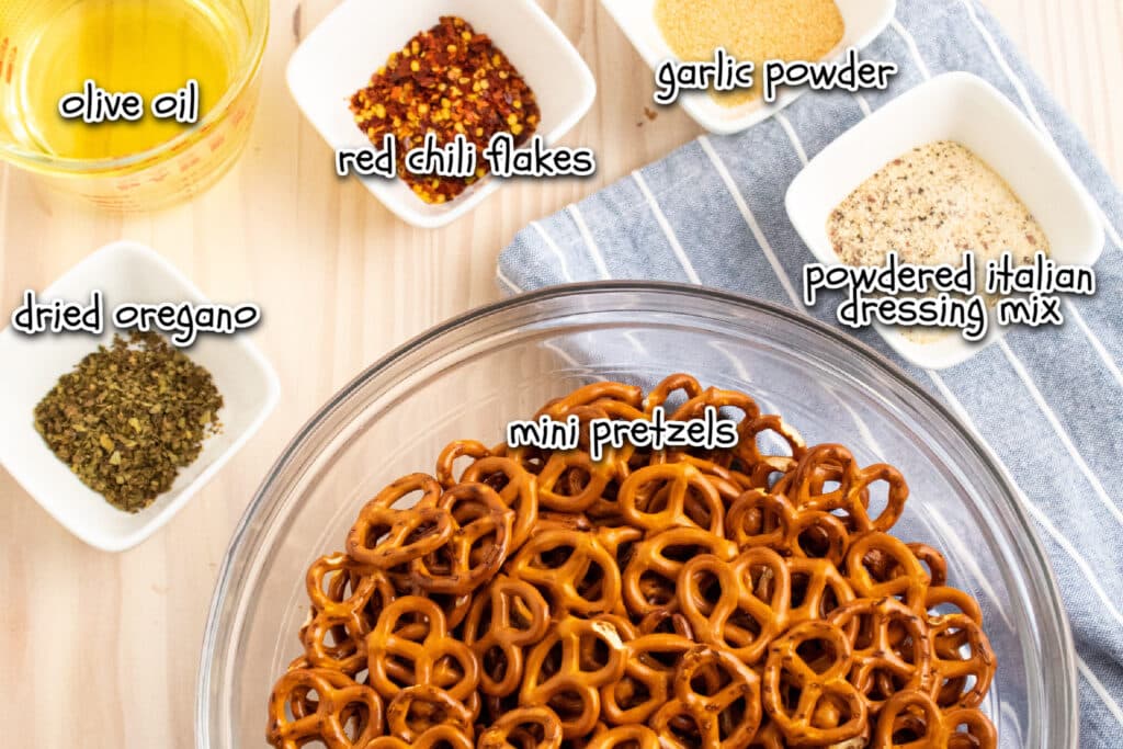 ingredients for easy seasoned Italian pretzels with labels.