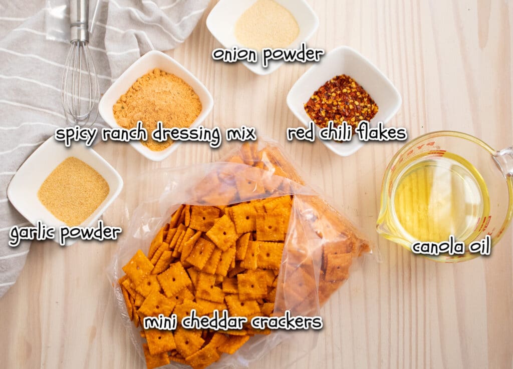 ingredients for spicy cheddar snacks with labels