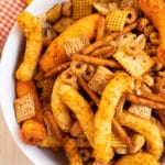 close overhead of spicy homemade chex mix