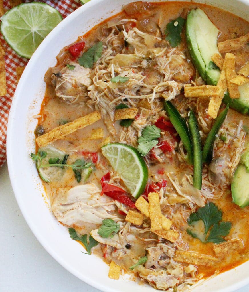 White bowl full of spicy chicken soup and soft taco filling with cilantro, lime and tortilla strips