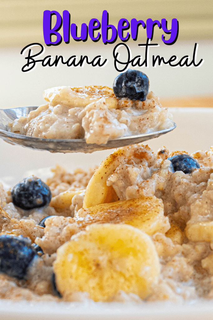 close up of a spoon full of blueberry banana oatmeal breakfast