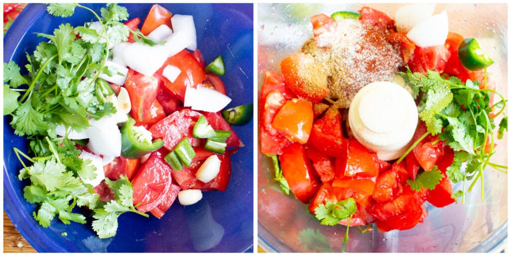 2 picture collage of rough chopped vegetables. Vegetables and spices in a food processor.