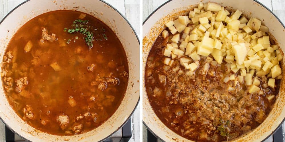 simmering green chili turkey soup with potatoes