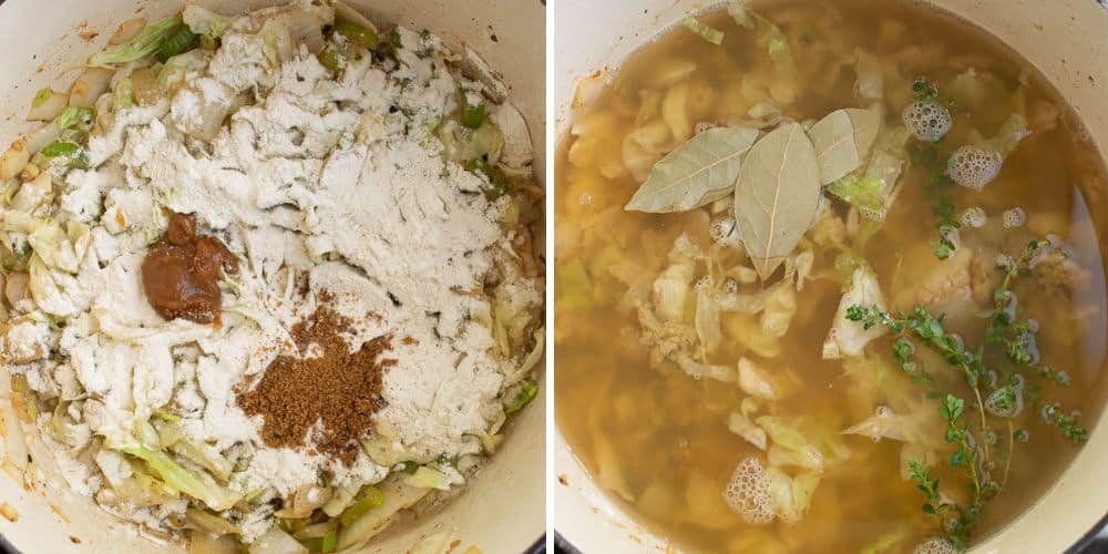 1st picture: sauteed vegetables with flour, old bay seasoning and garlic boullion in dutch oven 2nd picture: broth, clam juice, bay leaves and fresh thyme