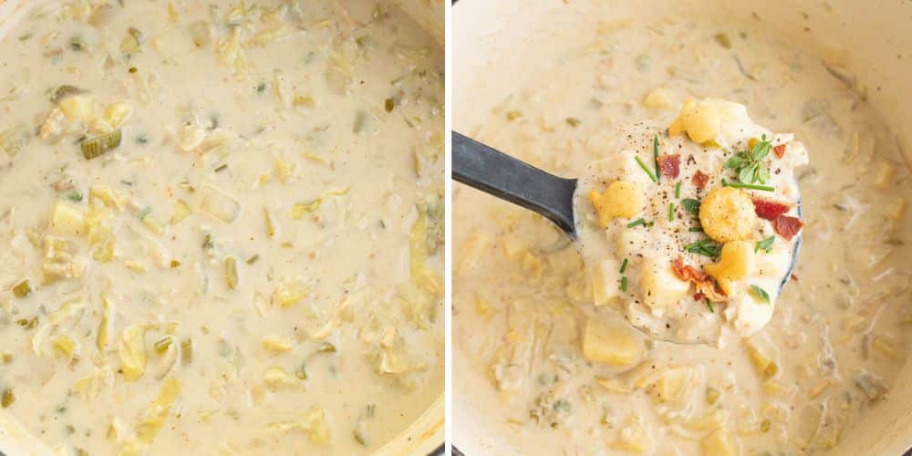 1st picture: finished new england clam chowder in a white dutch oven. 2nd picture: a ladle full of clam chowder with oyster crackers, bacon, chives and thyme on top