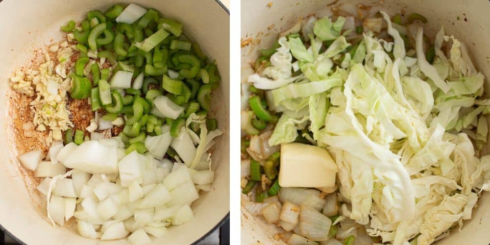 chopped onions, celery, garlic sauteed in bacon grease in dutch oven in 1st picture. chopped onions, celery, garlic sauteed in bacon grease in dutch oven with butter and cabbage in 2nd picture