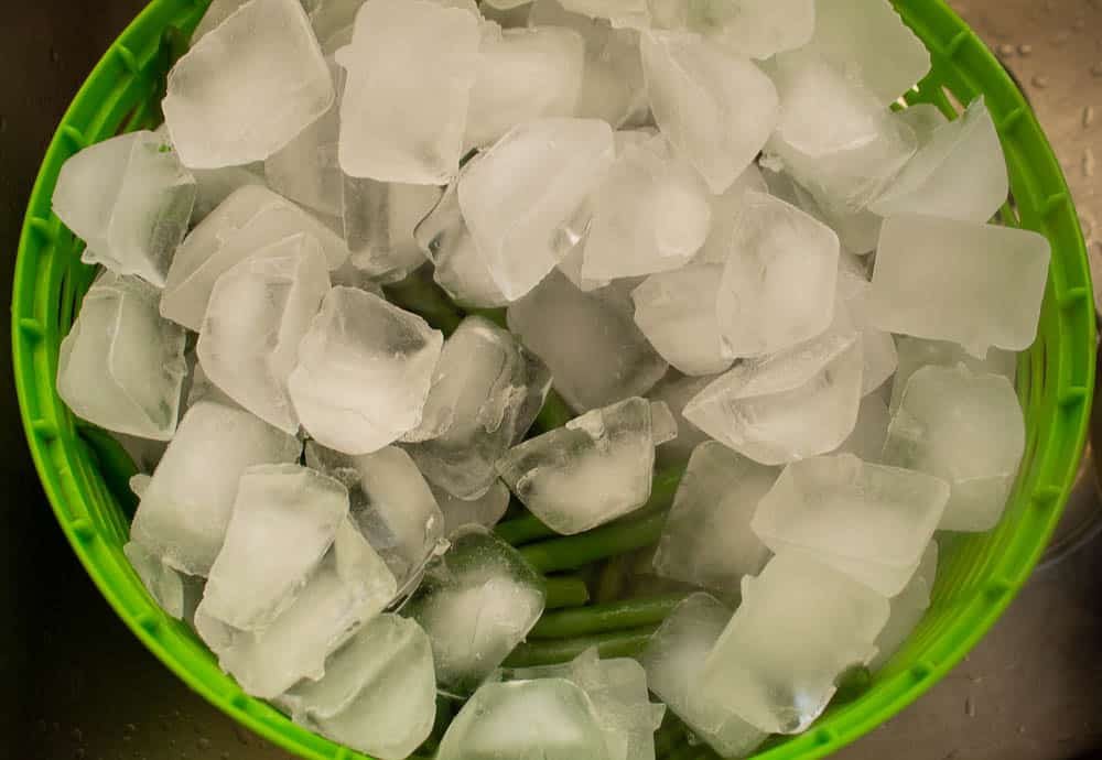 Blanched green beans in a green colander with ice on top.