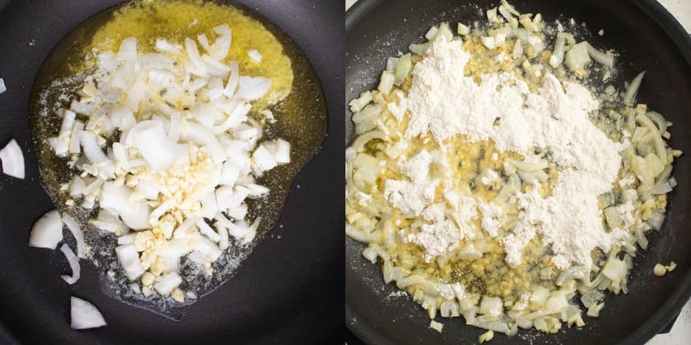 Sautéing onions and garlic in first photo. Flour added on top on the sautéing onions and garlic in the 2 photo.