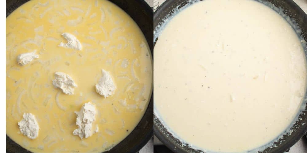 Cream Cheese added to the milk, flour, onion mixture 1 photo. 2nd photo with all melted and combined making a white sauce.