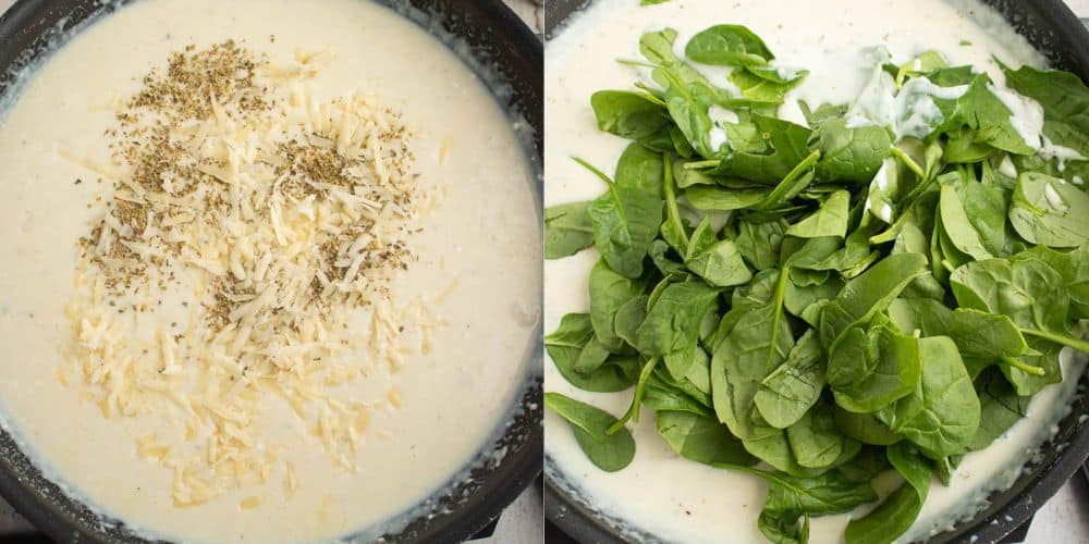 Seasonings and parmesan cheese added to white sauce in 1 photo. Spinach added in 2nd photo.