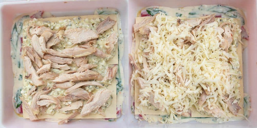 Ricotta cheese filing on top of noodle layer with chicken on top 1 Photo. Photo 2 with cheese added on top of chicken.